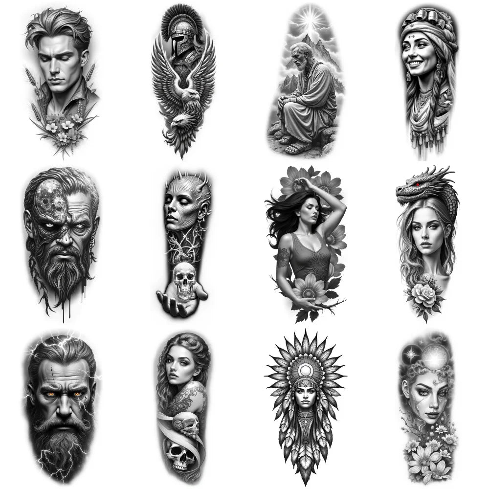 12pcs Realistic Temporary Tattoos – Eagle, Warrior & Bearded Man