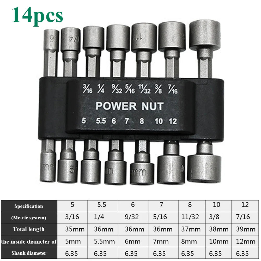9/14-Pc Hex Nut Driver Socket Bit Set 5–13mm | 1/4" Hex Shank
