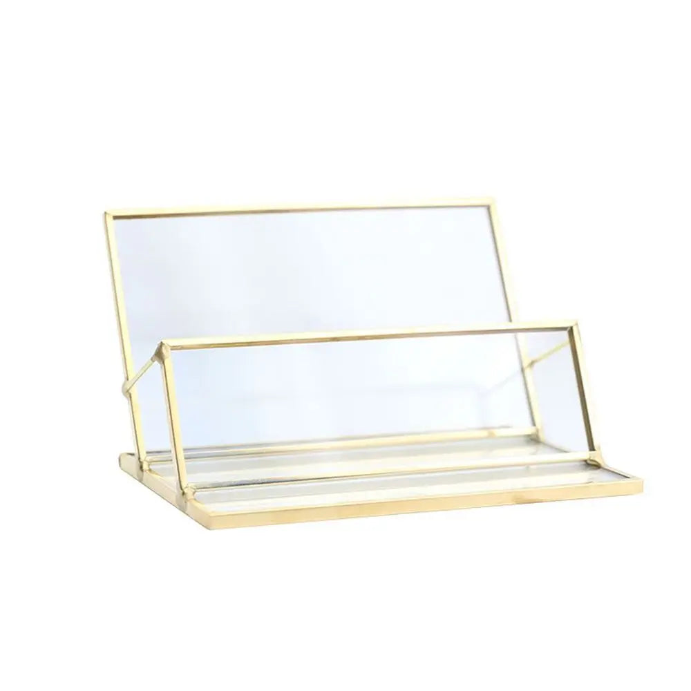 Metal Glass Business Card Holder Stand Professional Elegant Vintage Clear Golden Edge Holder Durable Peaceful Pleasures Health and Wellness 01