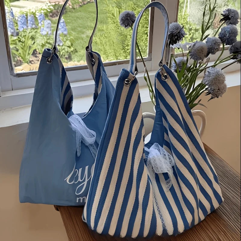 Double-Sided Women's Tote Bag | Striped Lace Bow Shoulder Bag