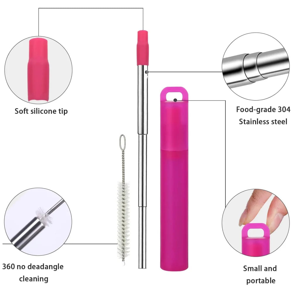 2/3Pcs Portable Reusable Telescopic Travel Straws with Case and Cleaning Brush, Collapsible Stainless Steel Drinking Straw Peaceful Pleasures Health and Wellness