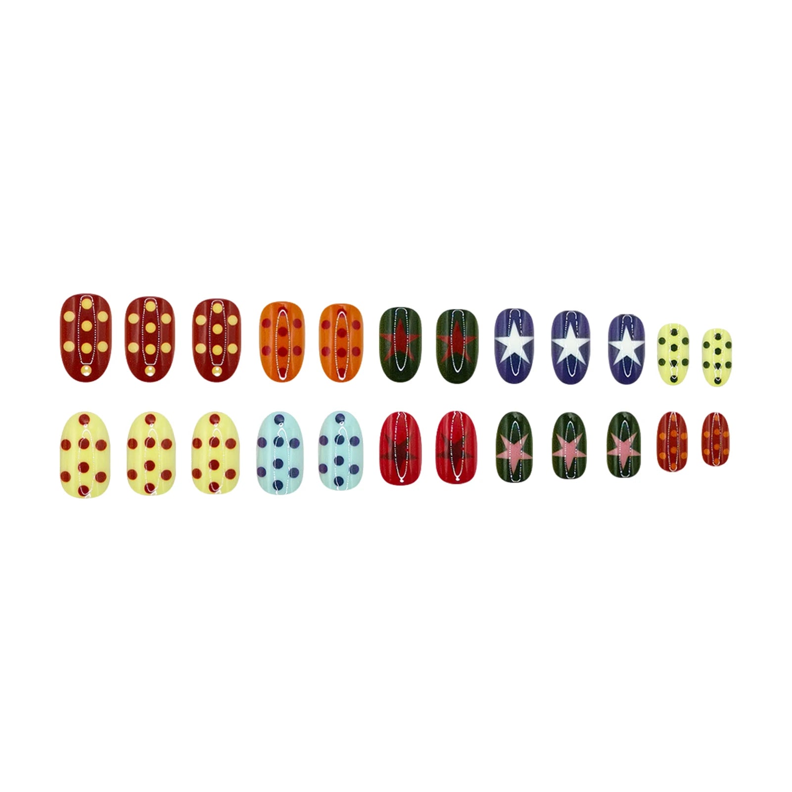 24pcs Colorful Star Dot Reusable Artificial Fingernails Wearable Short Oval Press On Nails Red White Almond False Nails Tips Peaceful Pleasures Health and Wellness