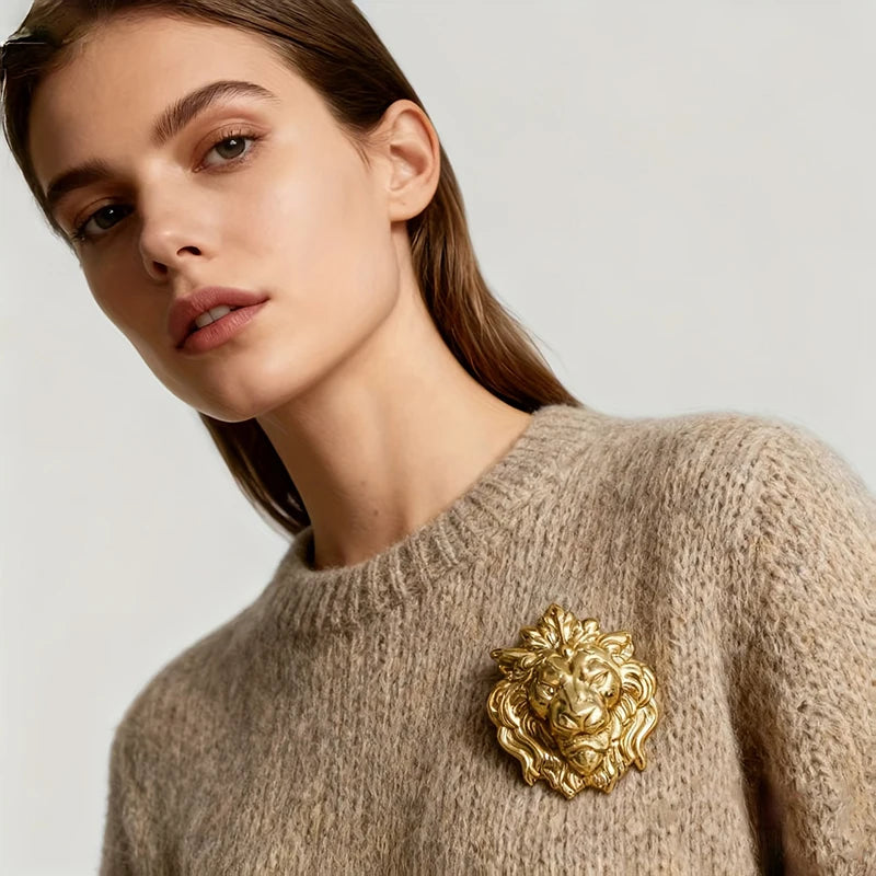 Lion Head Statement Brooch | Copper Metal Fashion Pin