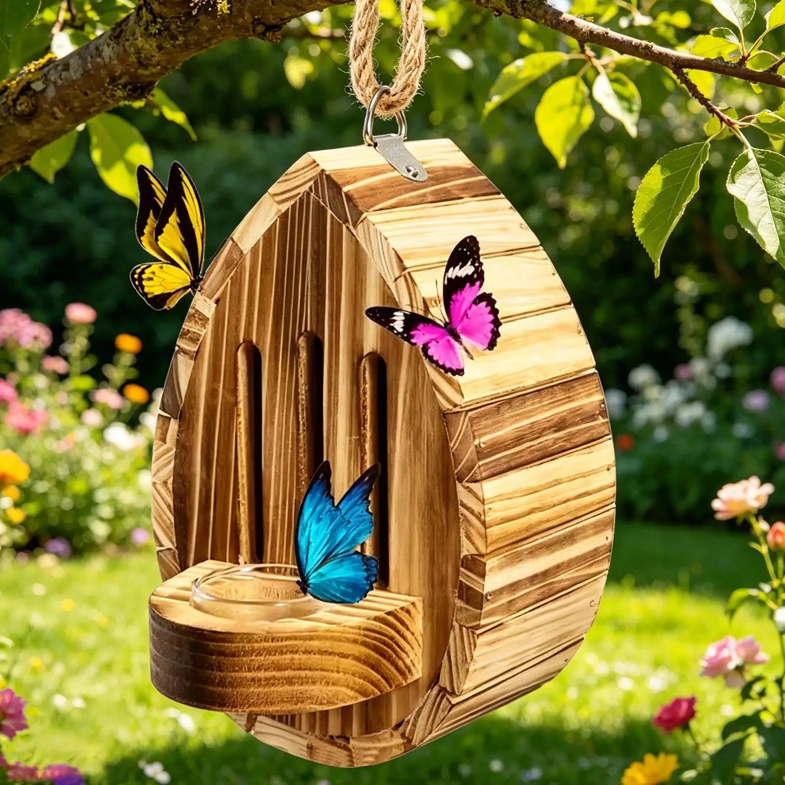 Wooden Teardrop-Shaped Butterfly House Natural Outdoor Decoration For Yard Patio Balcony Garden Pathway, Unique Garden Art Peaceful Pleasures Health and Wellness