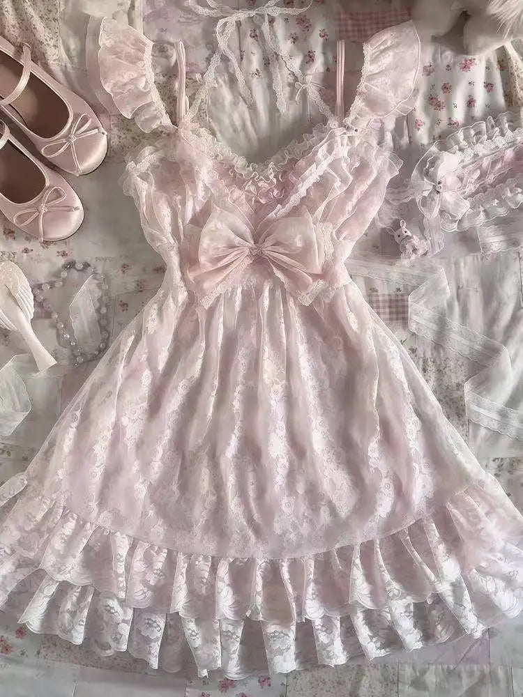 French Style Sweet Cute Polka Dot Splicing Dress Lace Bow Korean Fashion Dresses New Design Slim Waist Lady Y2k Mini Dress Peaceful Pleasures Health and Wellness 3937 XS