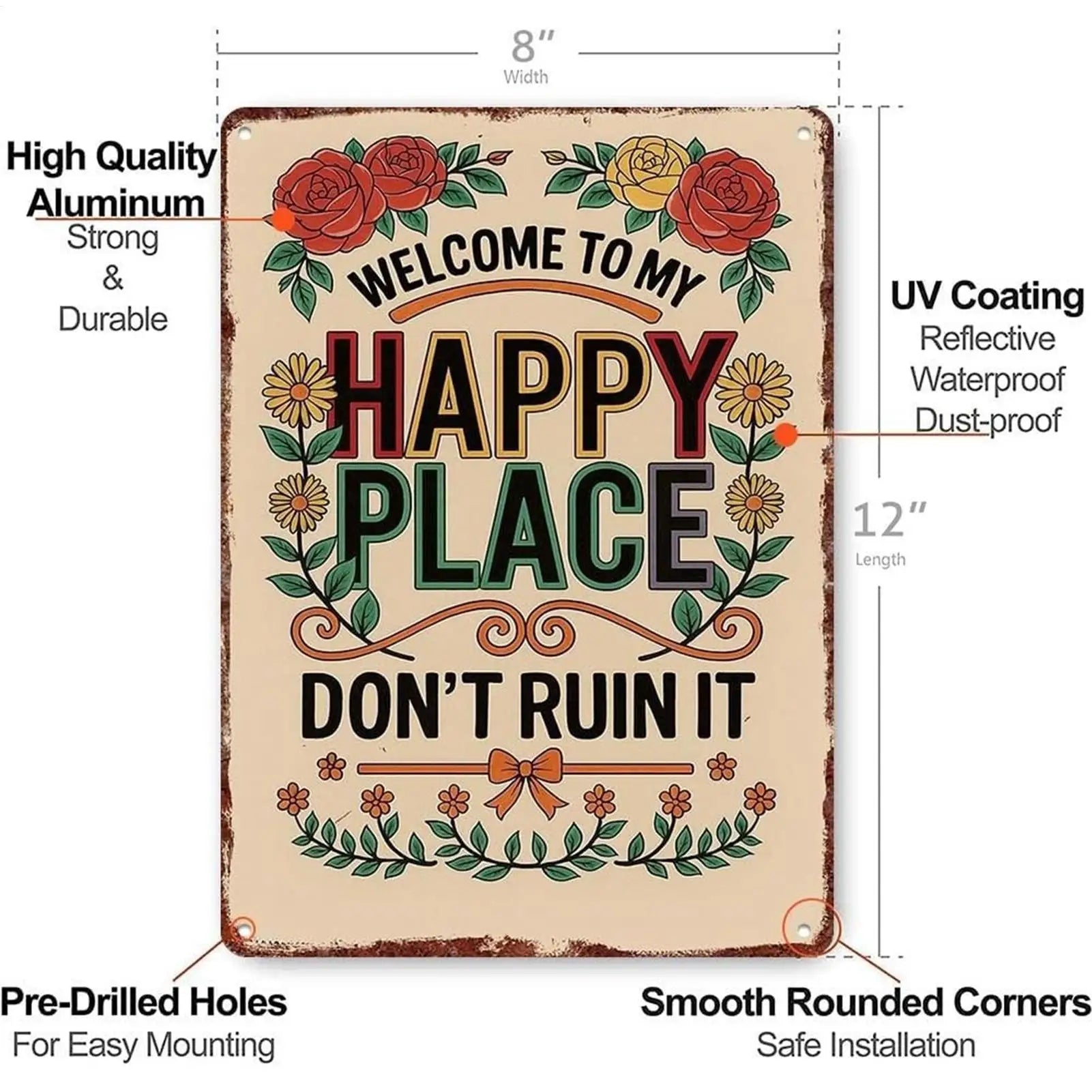 Welcome To My Happy Place Sign Vintage Floral Wall Poster Metal Welcome Wall Art For Indoor Outdoor Bedroom Corridors Courtyards Peaceful Pleasures Health and Wellness