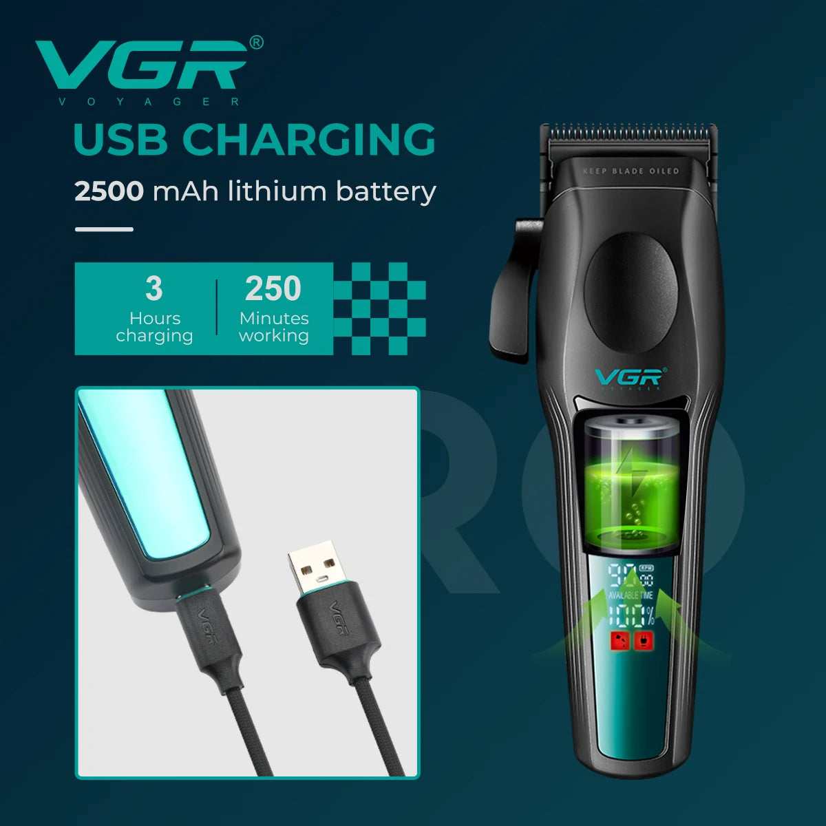 VGR New High end Hair Clipper Metal Body Titanium Alloy Sharp Blade Hair Trimmer LCD Intelligent Digital Shaving Machine V-195 Peaceful Pleasures Health and Wellness