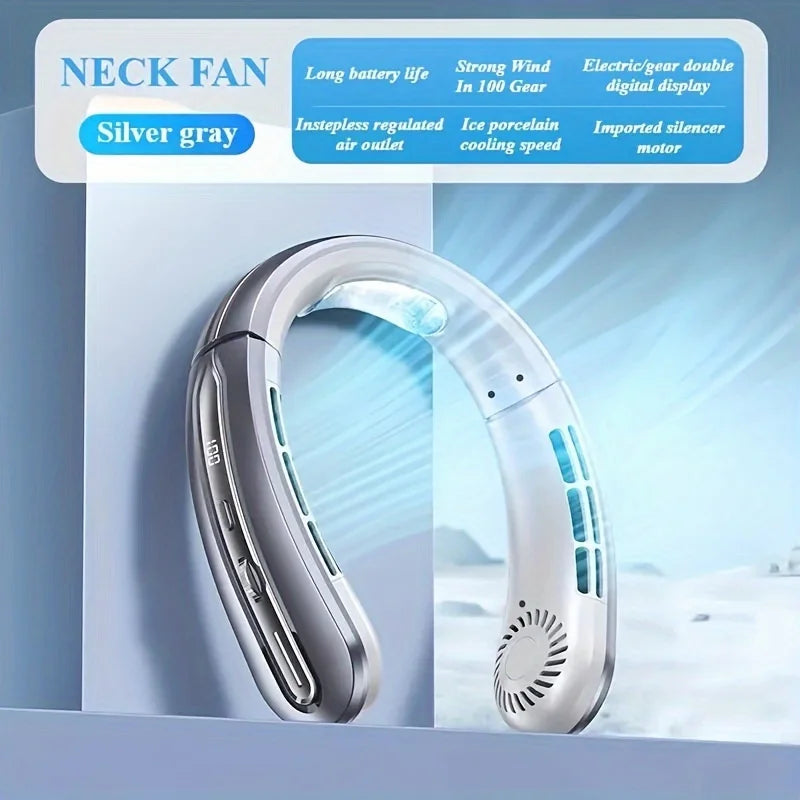 New 100 Level Digital Neck Hanging Fan For Students' Outdoor Sports, Portable Usb Mini Neck Hanging Fan Peaceful Pleasures Health and Wellness Grey-100 levels