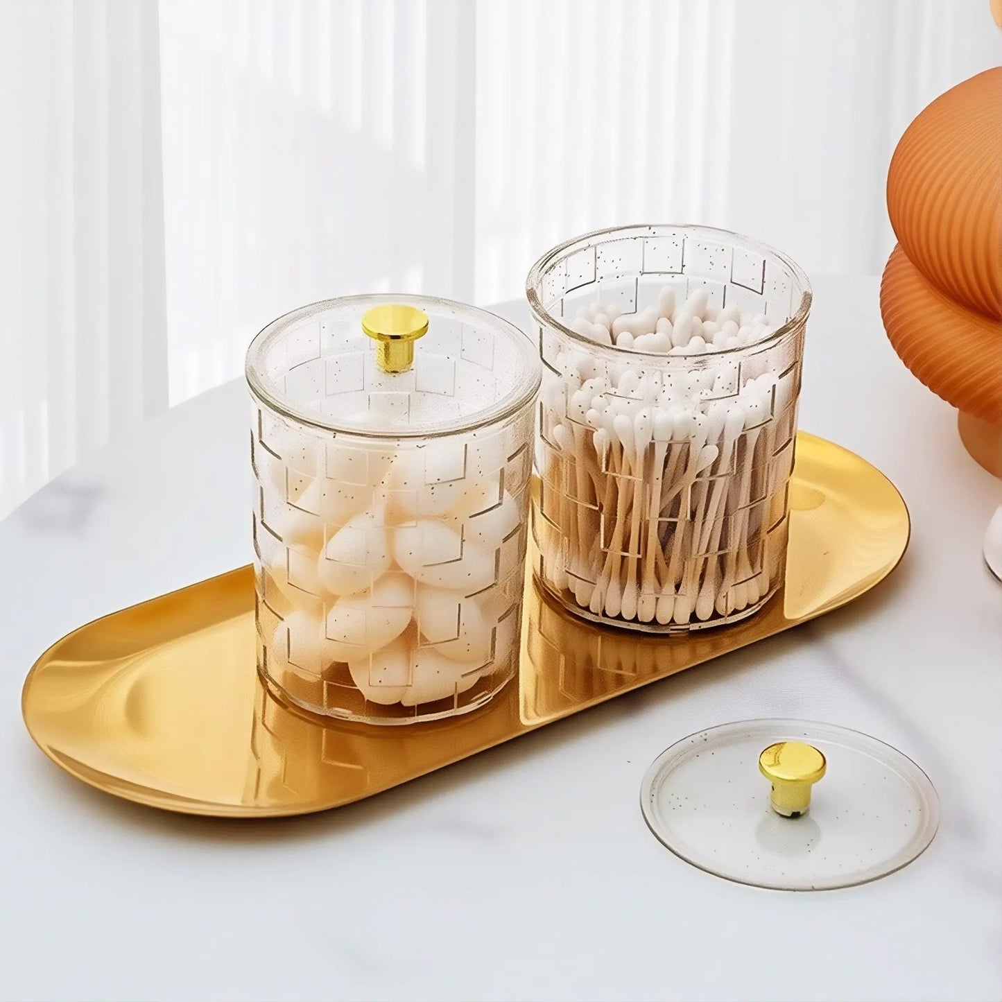 Q-Tip Holder & Vanity Tray Set – Clear Apothecary Jar Cotton Swab & Ball Dispenser