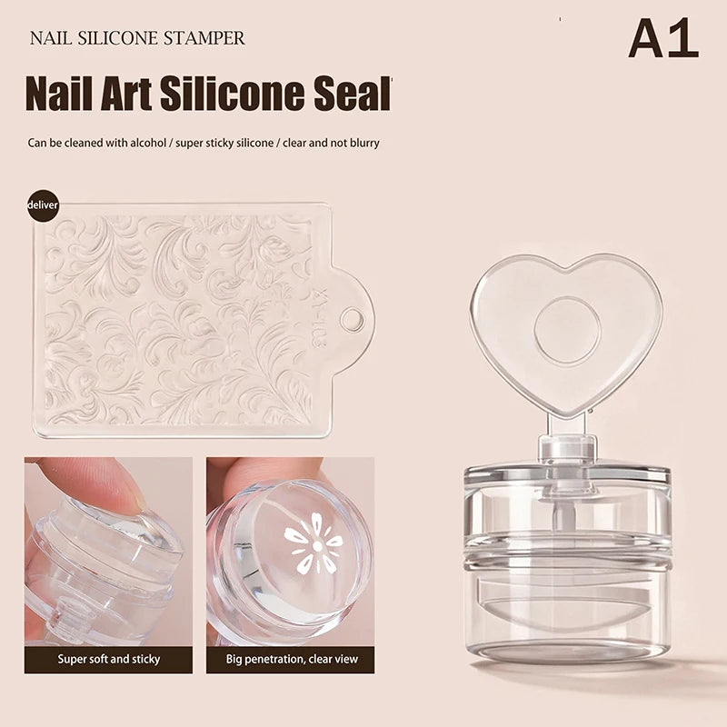 Transparent Nail Stamper With Scraper Heart Flowers Shaped Jelly Silicone Head Stamp For French Nails Printing Peaceful Pleasures Health and Wellness A1