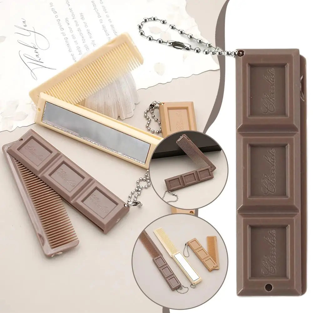 2-in-1 Foldable Chocolate Comb with Mirror – Travel Hair Comb