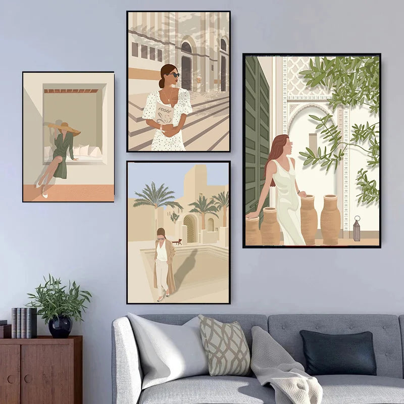 Nordic Wall Art Abstract Fashion Women And Leaf Prints Posters Gift for Girls Canvas Prints Pictures Room Decor Figure Painting Peaceful Pleasures Health and Wellness
