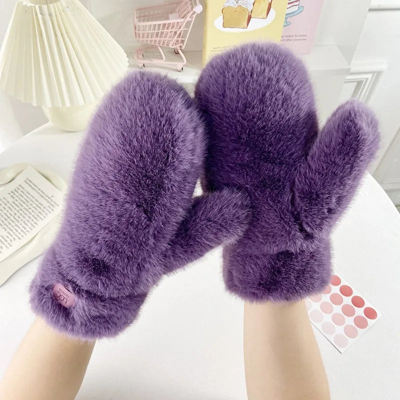 Winter New Arrival Simple Solid Color Thick Plush Warm Gloves Student Fashionable Cute Mittens Windproof Cold Proof Hand Warmers Peaceful Pleasures Health and Wellness PURPLE