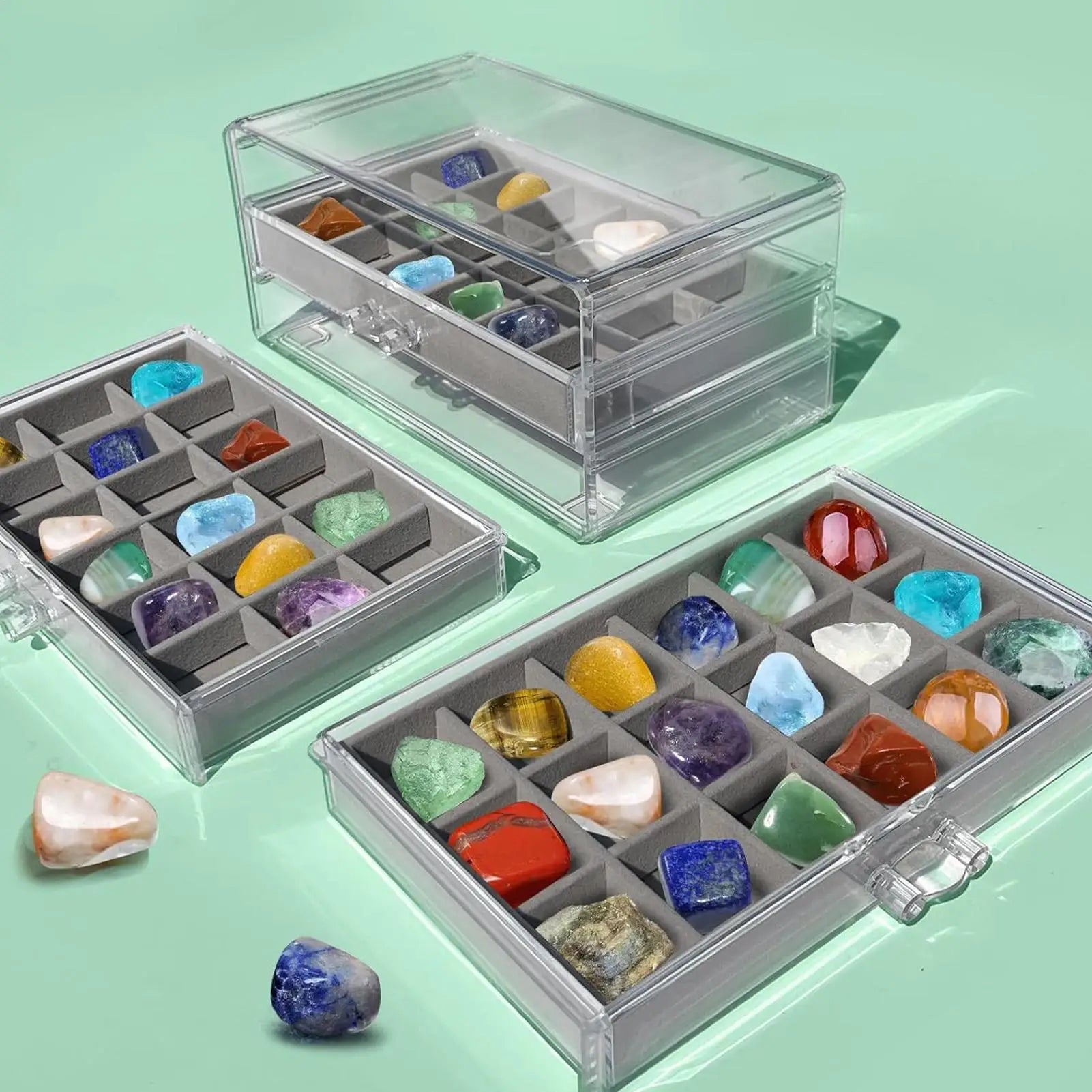 54 Grids Rock Display Case Crystal Gemstone Collection Shelf with Clear Lid Acrylic Organizer for Fossils Minerals Specimens Peaceful Pleasures Health and Wellness