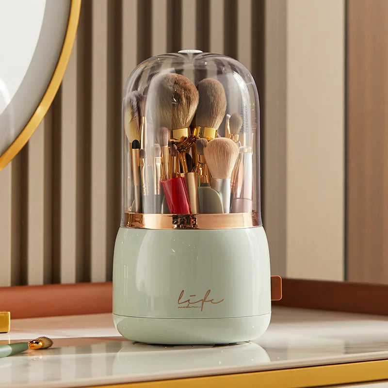 Makeup brush holder storage box with lid 360 degree rotating dustproof makeup brush storage box suitable for dressing table ligh Peaceful Pleasures Health and Wellness light green
