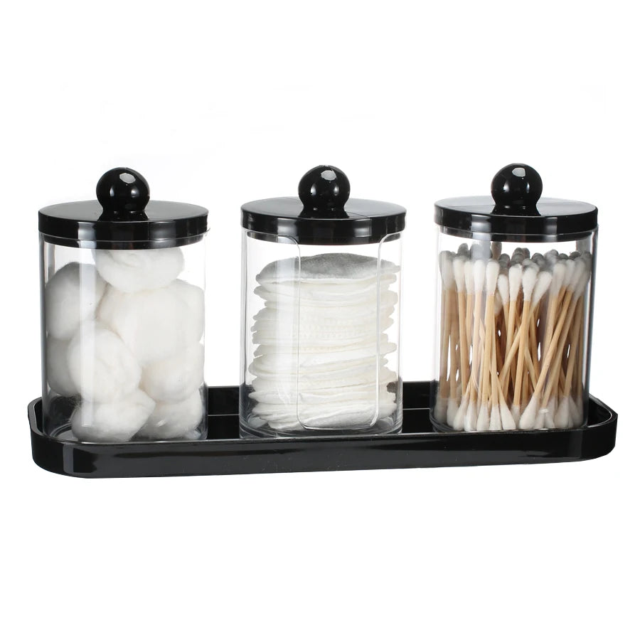 Qtip Holder Bathroom Set with Tray 3 Pack Acrylic Plastic Apothecary Jars Qtip Dispenser Canister with Lid Bathroom Organizers Peaceful Pleasures Health and Wellness B