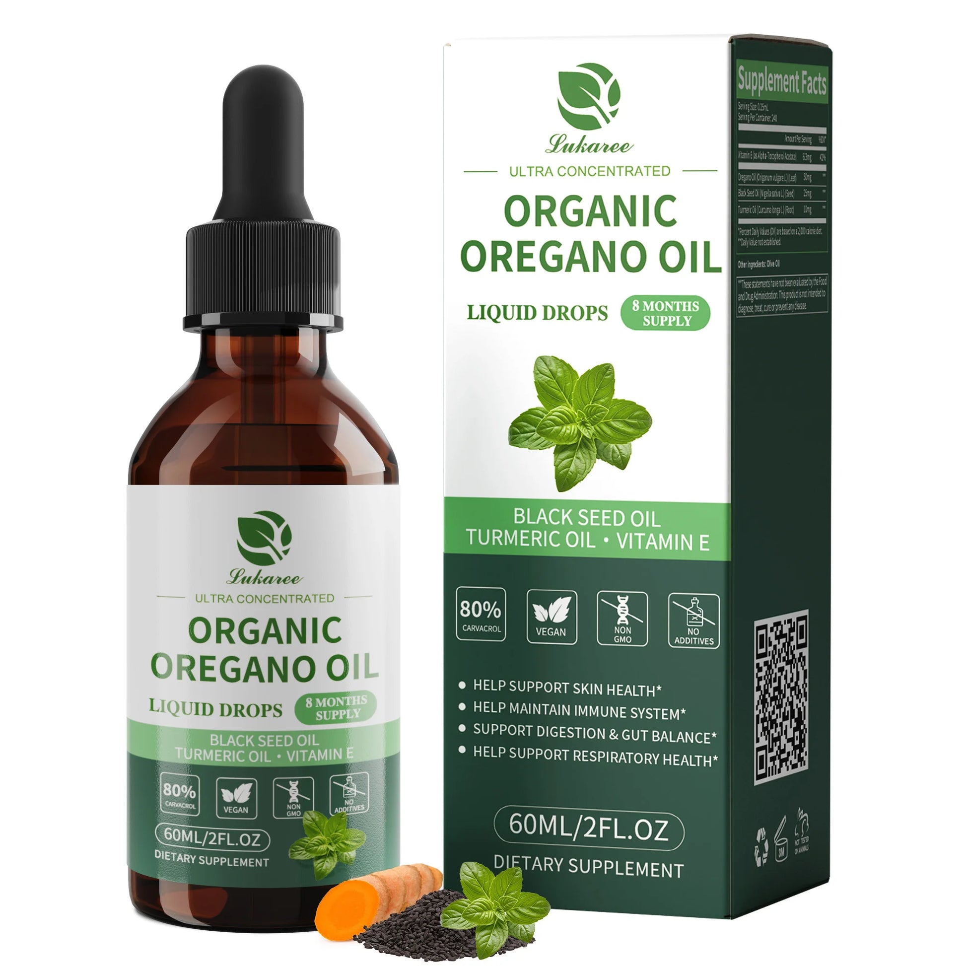 Oregano Oil Drops 4-in-1 with Turmeric & Vitamin E Peaceful Pleasures Health and Wellness 60ML 1bottle United States