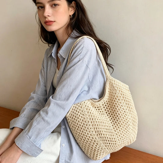 Women's Mesh Straw Beach Tote Bag – Foldable Summer Bag Beach Tote Bag Peaceful Pleasures Health and Wellness