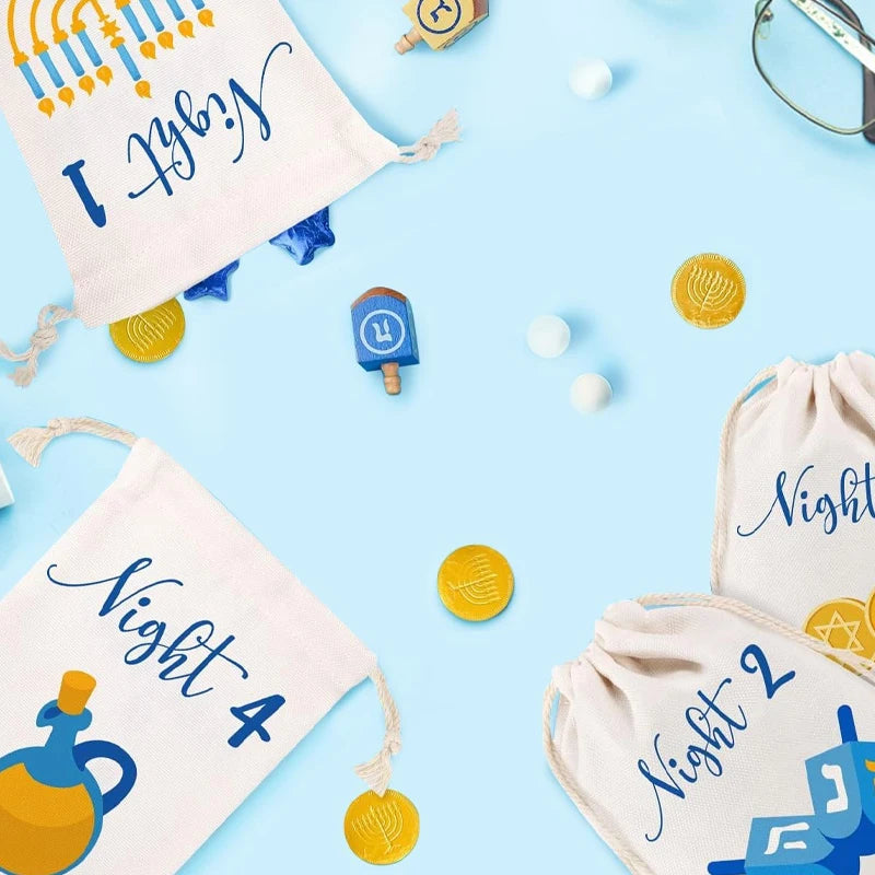 8-Night Hanukkah Countdown Advent Calendar Drawstring Gift Bags Holiday Gift Bags Peaceful Pleasures Health and Wellness