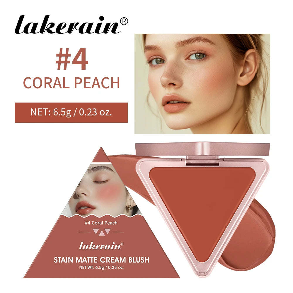 Lakerain Matte Cream Blusher Long-lasting Natural Makeup Triangle Box Design Oil-Resistant High Pigment Cream Blush Plate Peaceful Pleasures Health and Wellness Coral peach