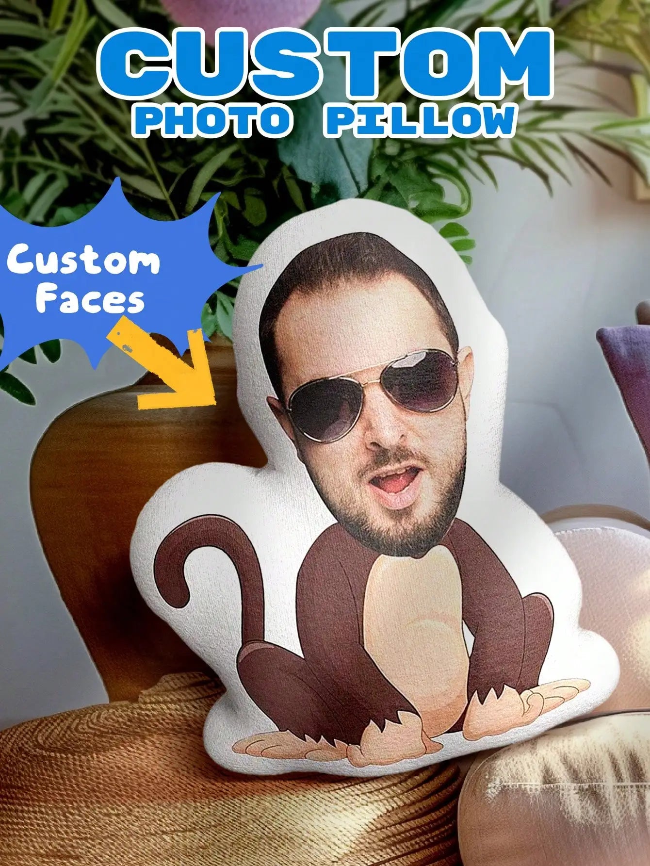 1pc Custom Photo Pillow Minime Throw Pillow Funny Monkey Gorilla Face Pillow Personalized Gift for Dad Him Her Sofa Car Decor Peaceful Pleasures Health and Wellness