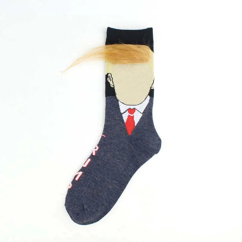 Funny and Funny Presidential Socks With 3D Fake Hair Round Neck Socks for Men's Street Clothing Hip Hop Socks Peaceful Pleasures Health and Wellness Dark Grey One Size