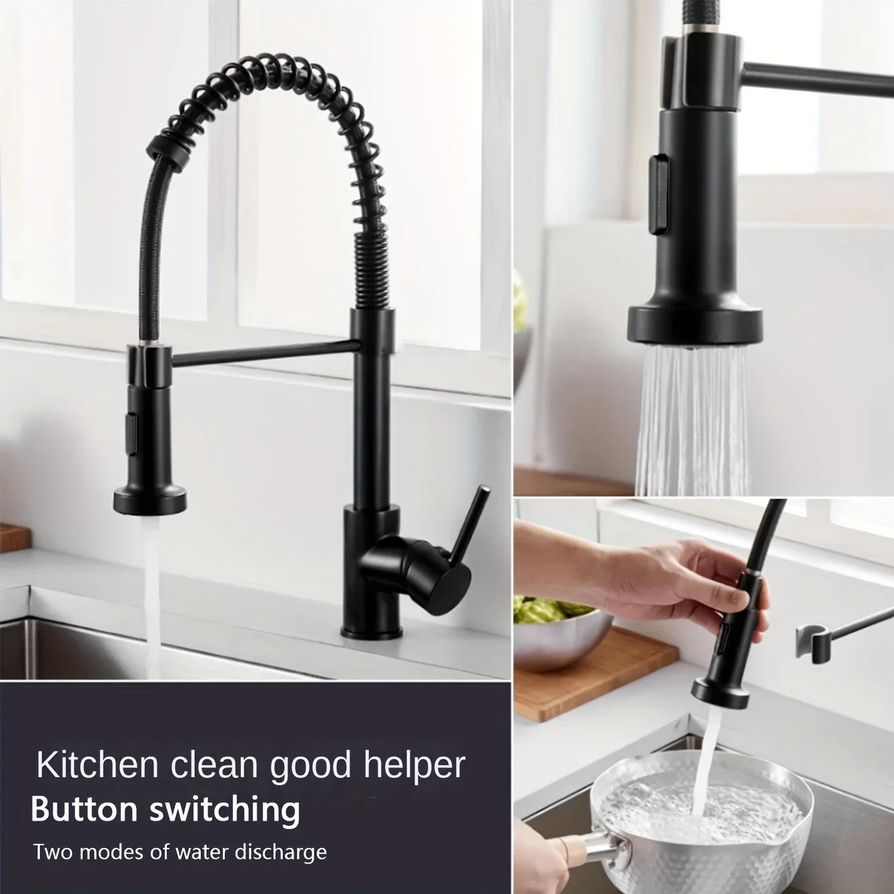 Black Rotating Spring Kitchen Faucet | Hot & Cold Single Handle
