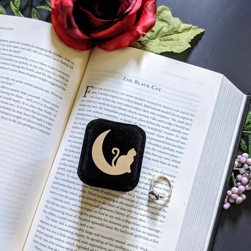 Cat on Moon Black Velvet Ring Box | Gothic Halloween Proposal Velvet Ring Box Peaceful Pleasures Health and Wellness