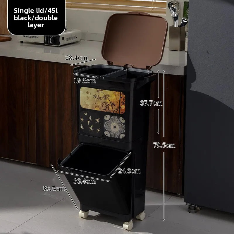 Vintage-Style Kitchen Trash Bin - Large Capacity, No Bending, Double Layer Wet/Dry Separation, Home Essential Peaceful Pleasures Health and Wellness Single 45L Black