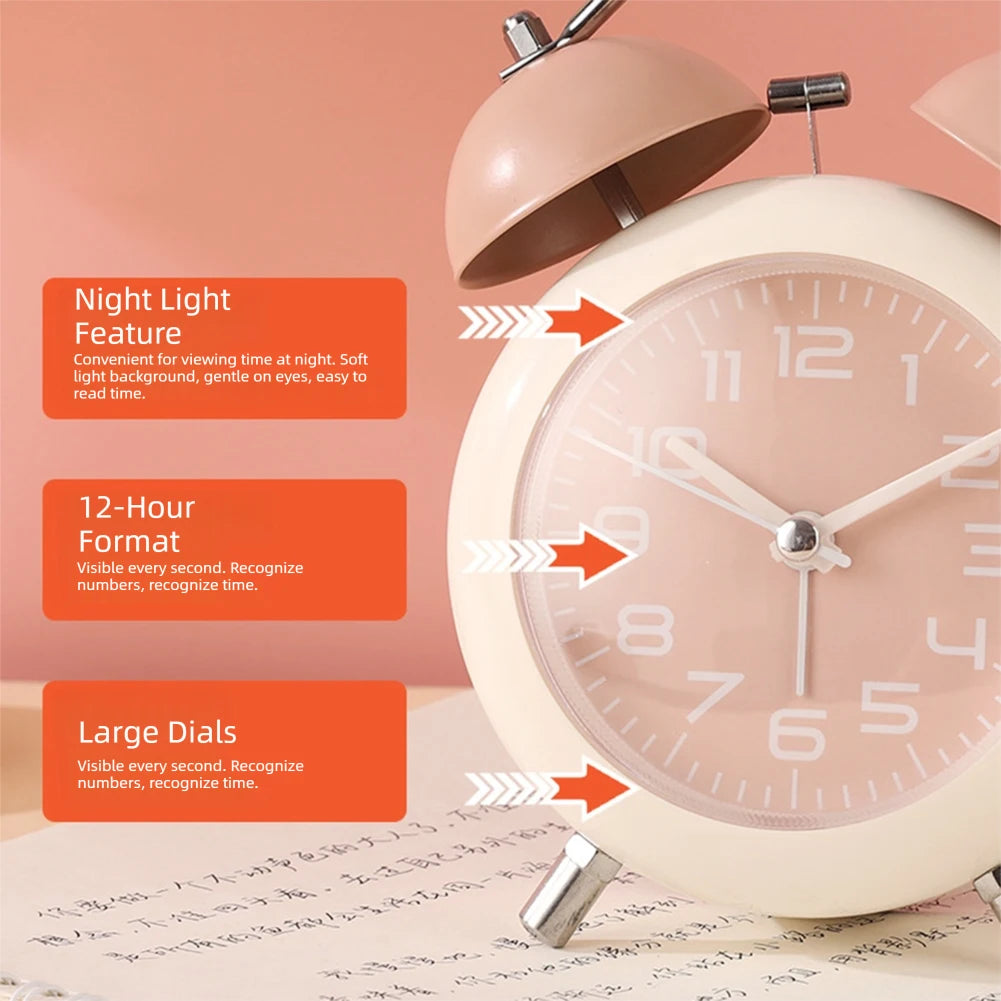 Retro Twin-Bell Alarm Clock – Silent, Loud Alarm & Night Light Analog Alarm Clock Peaceful Pleasures Health and Wellness