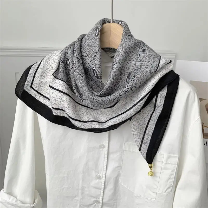70x70 Retro Print Square Silk Scarf with Magnetic Buckle