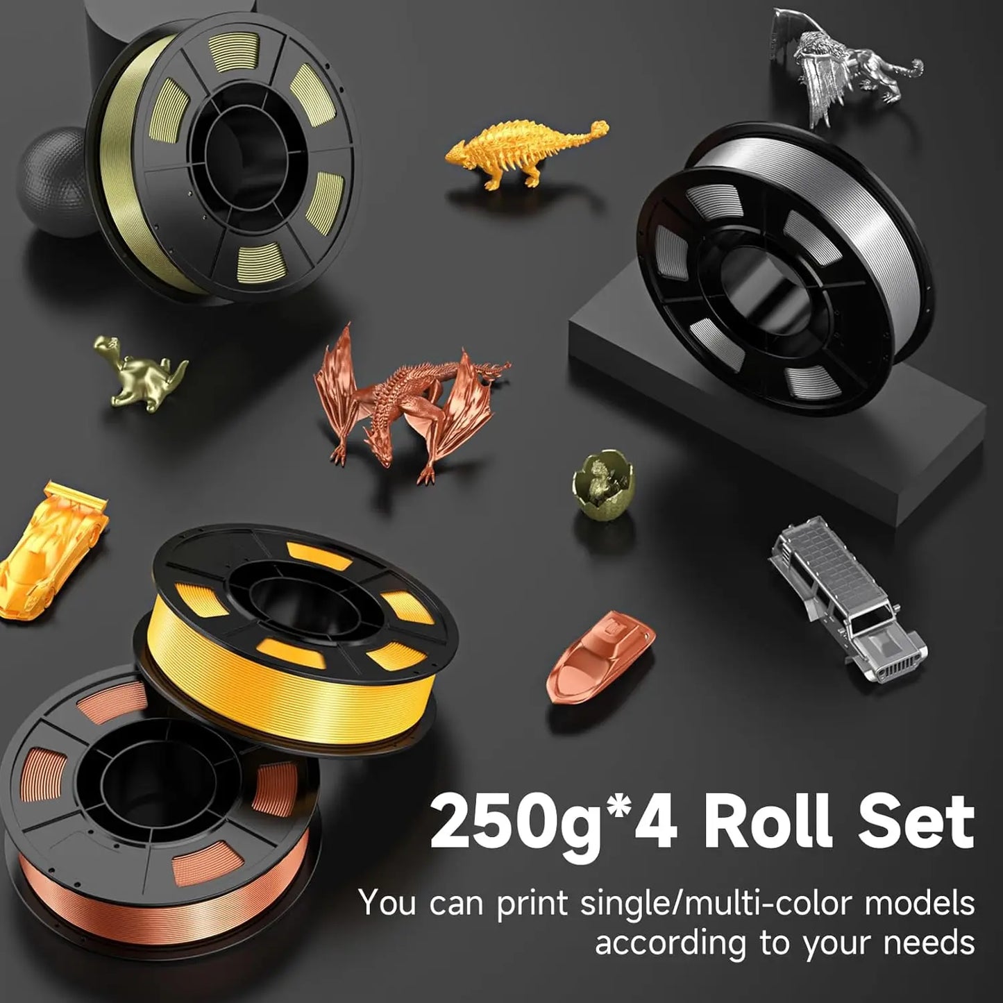 Silk PLA Filament 1.75mm 4-Pack | Copper Gold Silver Bronze 250g
