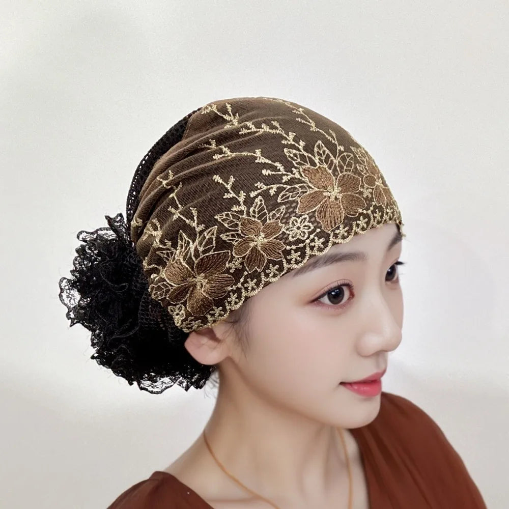 Flower Embroidery Turban Bonnet Hat – Elastic Lace Headscarf