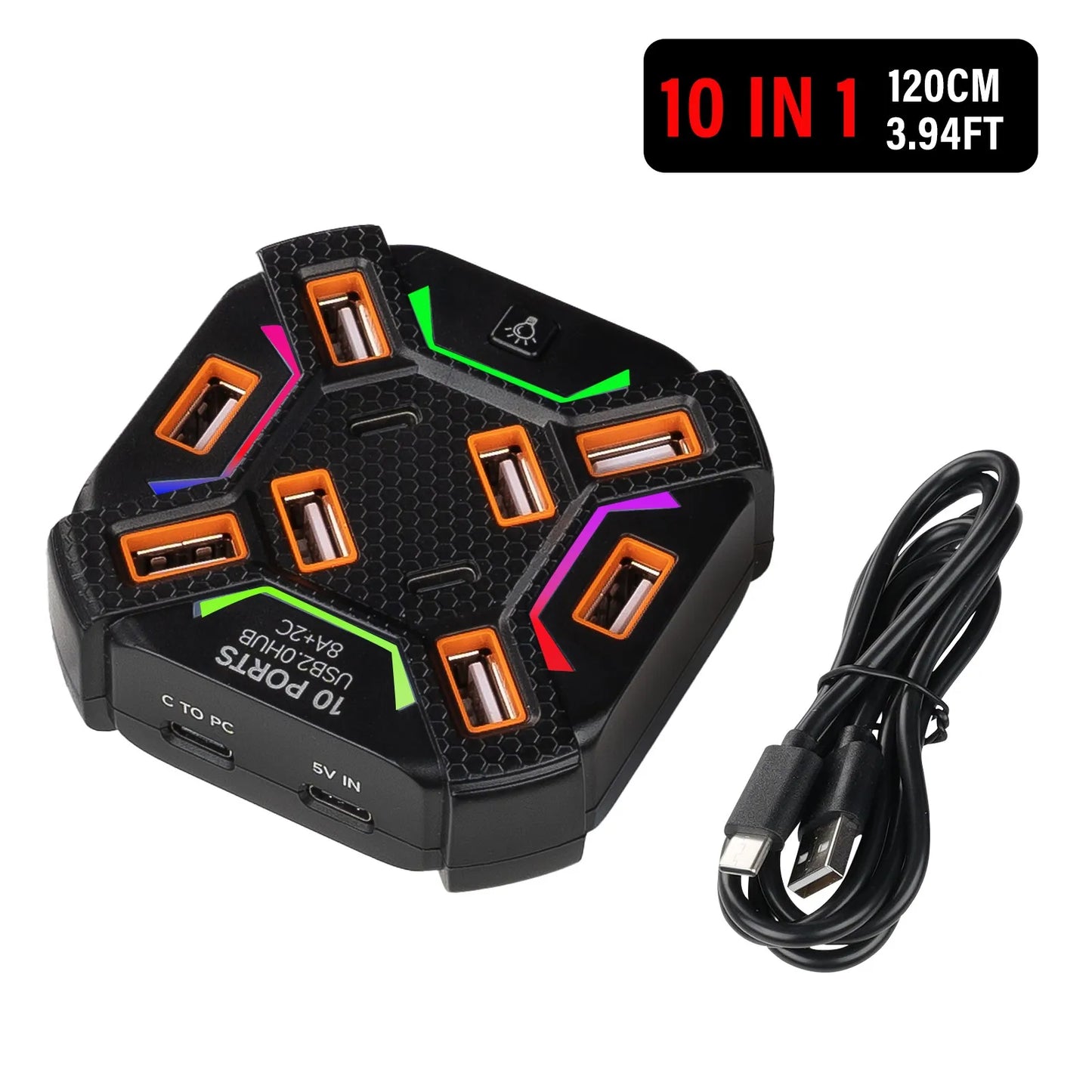 USB 2.0 Hub 7/10 Port High Speed Multi-Port Splitter with Individual LED Switches, Plug and Play for PC Mouse Keyboard USB Peaceful Pleasures Health and Wellness 10 Ports Black 1.2m