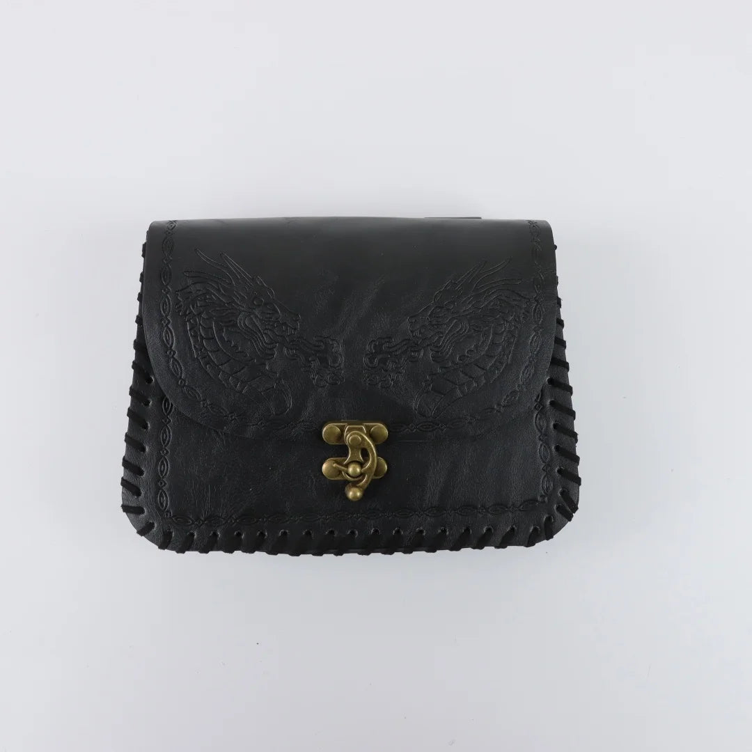 Vintage Double Dragon Embossed Faux Leather Belt Pouch Medieval