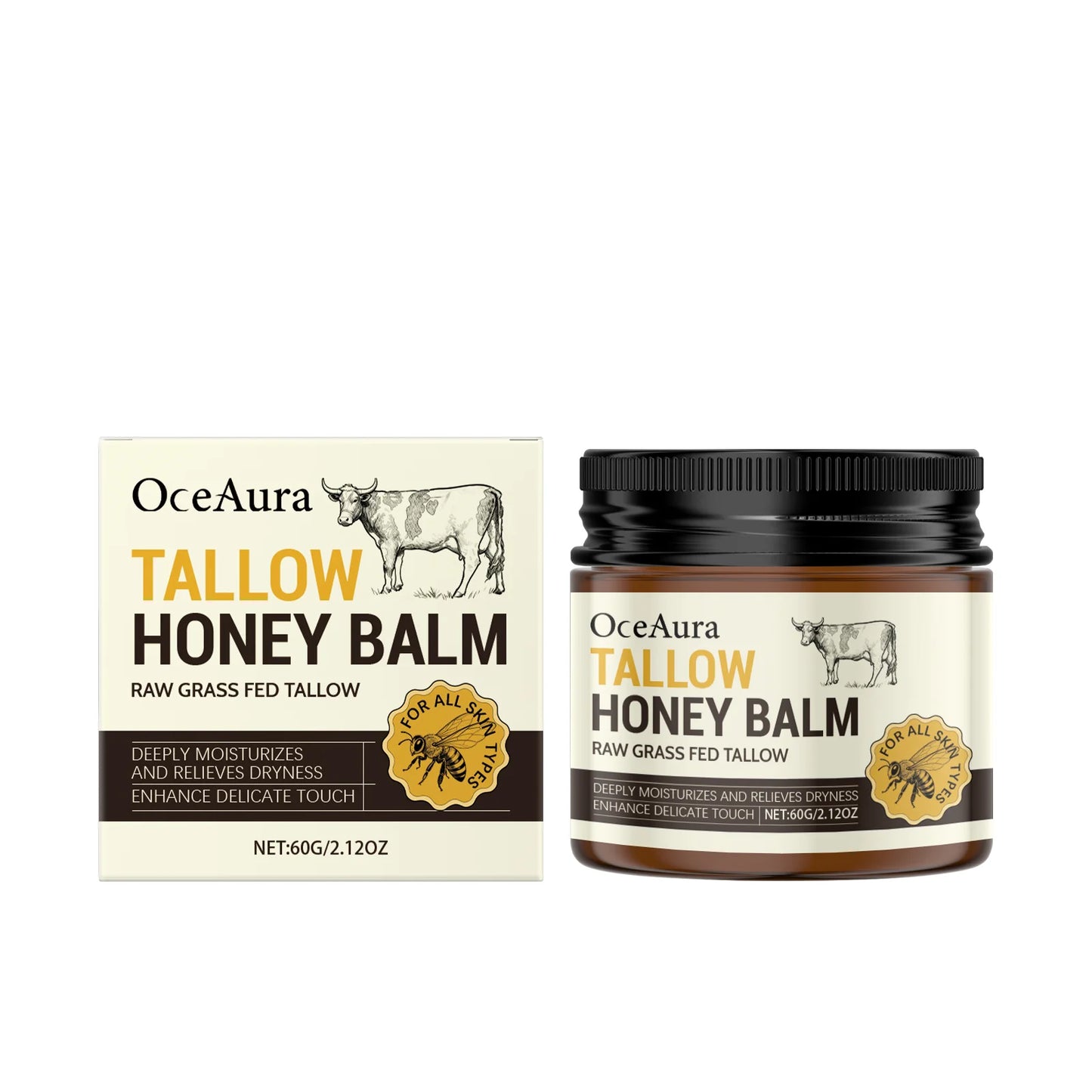 Grass Fed Tallow Honey Balm Nourishing Repair Damaged Skin Fade Fine Lines Improve Dullness Smoothing Glow Soothing Moisturizer Peaceful Pleasures Health and Wellness 60g boxed