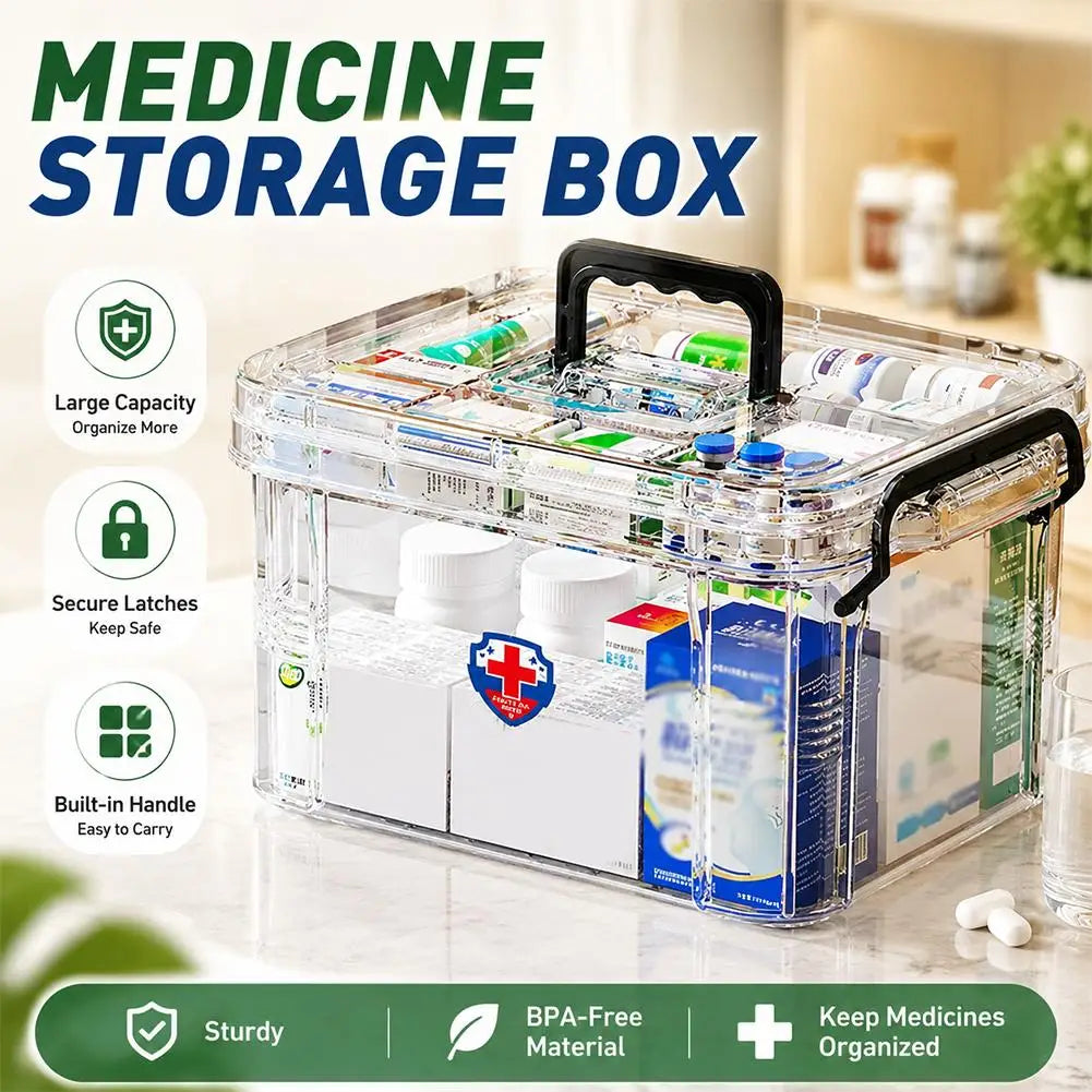 Transparent Plastic Medicine Storage Box with Tray Portable First Aid Organizer Multipurpose Family Emergency OrganizevBox Peaceful Pleasures Health and Wellness
