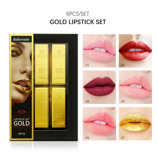 6-Piece Matte Lipstick Set – Gold Tube, Waterproof & Long-Lasting Lipstick Gift Set Oasis Select