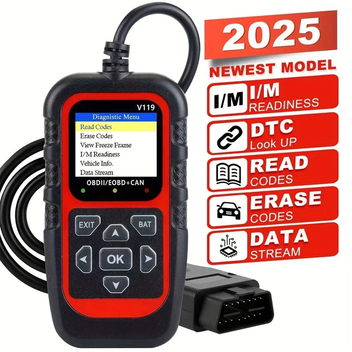 V119 OBD2 Car Diagnostic Scanner Tool – 8 Languages 2025 Peaceful Pleasures Health and Wellness Red