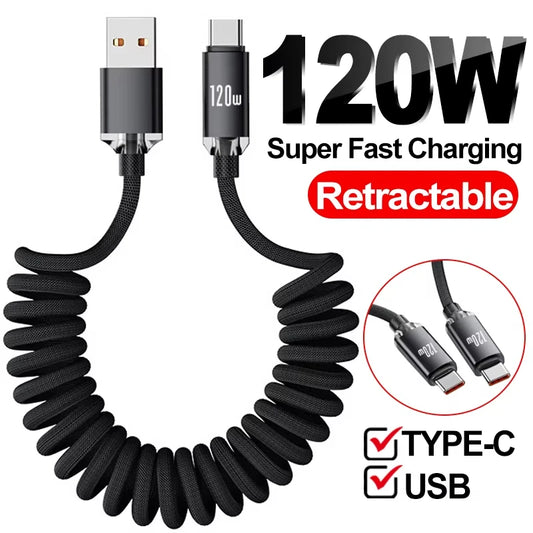 120W PD Type C to Type C Spring Coiled Fast Charging Cable Retractable Nylon Braided Cord For Samsung Xiaomi Huawei iPhone 15/16 Peaceful Pleasures Health and Wellness