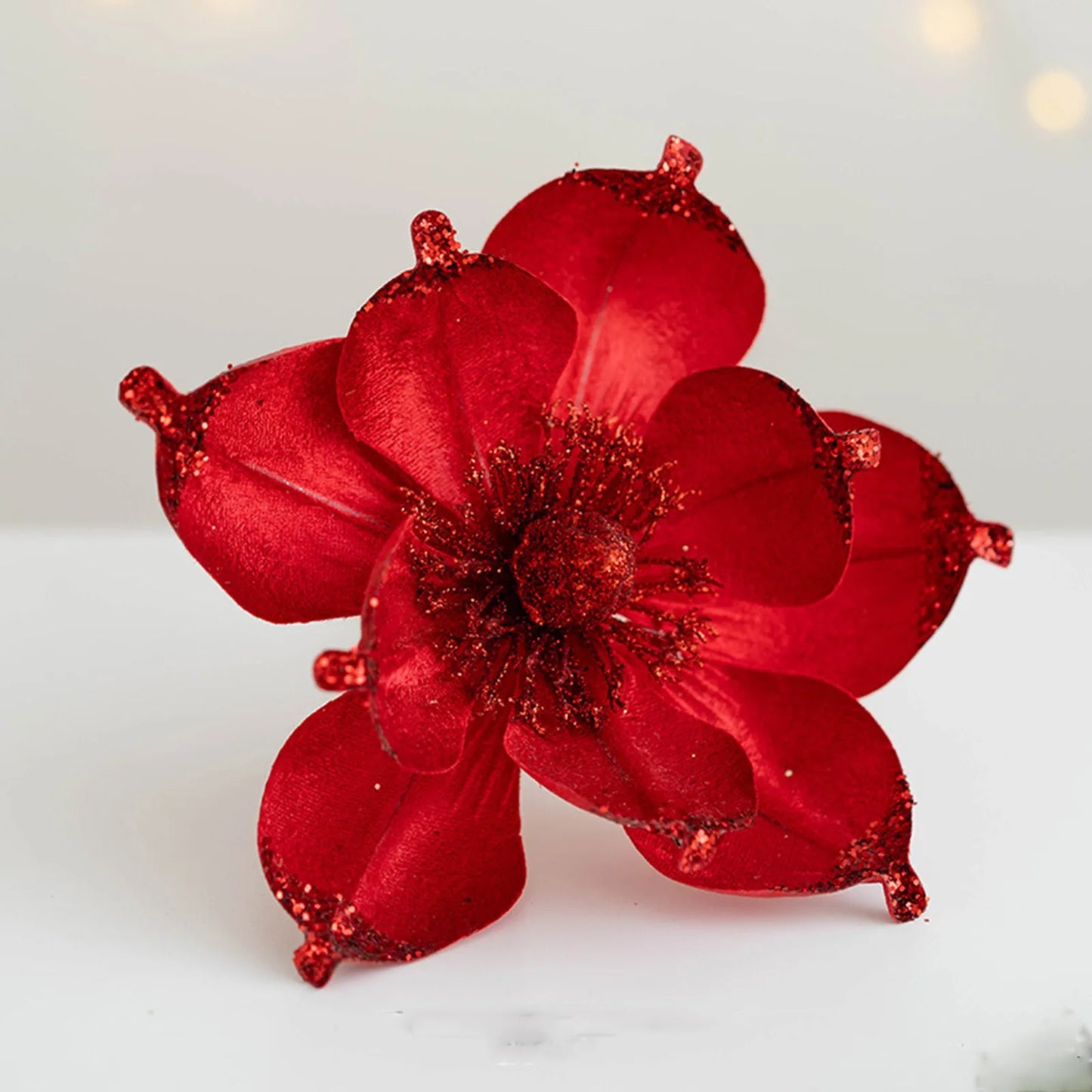 20cm Pink Glitter Magnolia Christmas Flower Pick | Xmas Decor