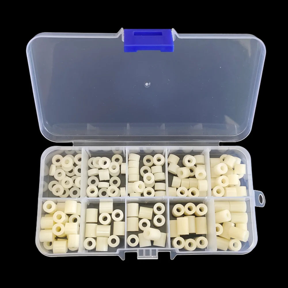140pcs/set M3 Black White ABS Nylon Plastic Non-Threaded Spacer Hollow Standoff Assortment Kit OD(7MM) X ID(3.2mm)*L Washer Set Peaceful Pleasures Health and Wellness White