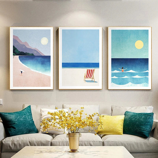 Canvas Painting Wall Art Picture Simple Outdoor Summer Beach Scenery Poster Sunset Surfers Swimming Ocean Living Room Home De Peaceful Pleasures Health and Wellness