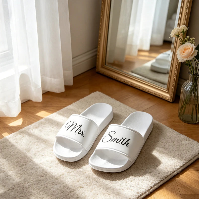 Personalized Name PVC White Background Face Slipper Custom Bride Slide Sandals Wedding Bridal Shower Decoration Mrs Gift Present Peaceful Pleasures Health and Wellness