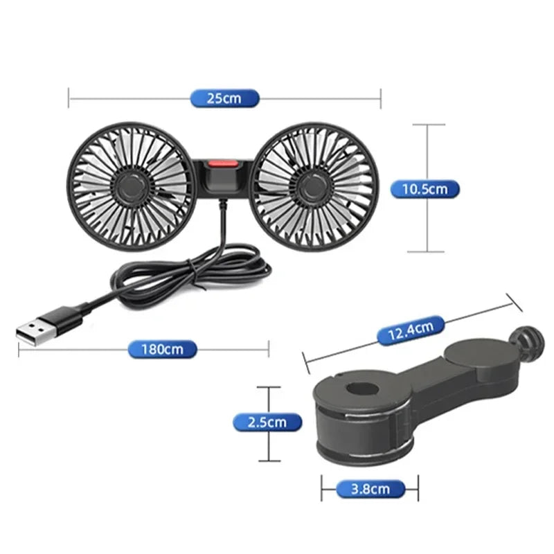 Car Seat Back Cooling Fan – 3-Speed USB Dual Head 360° Rotation