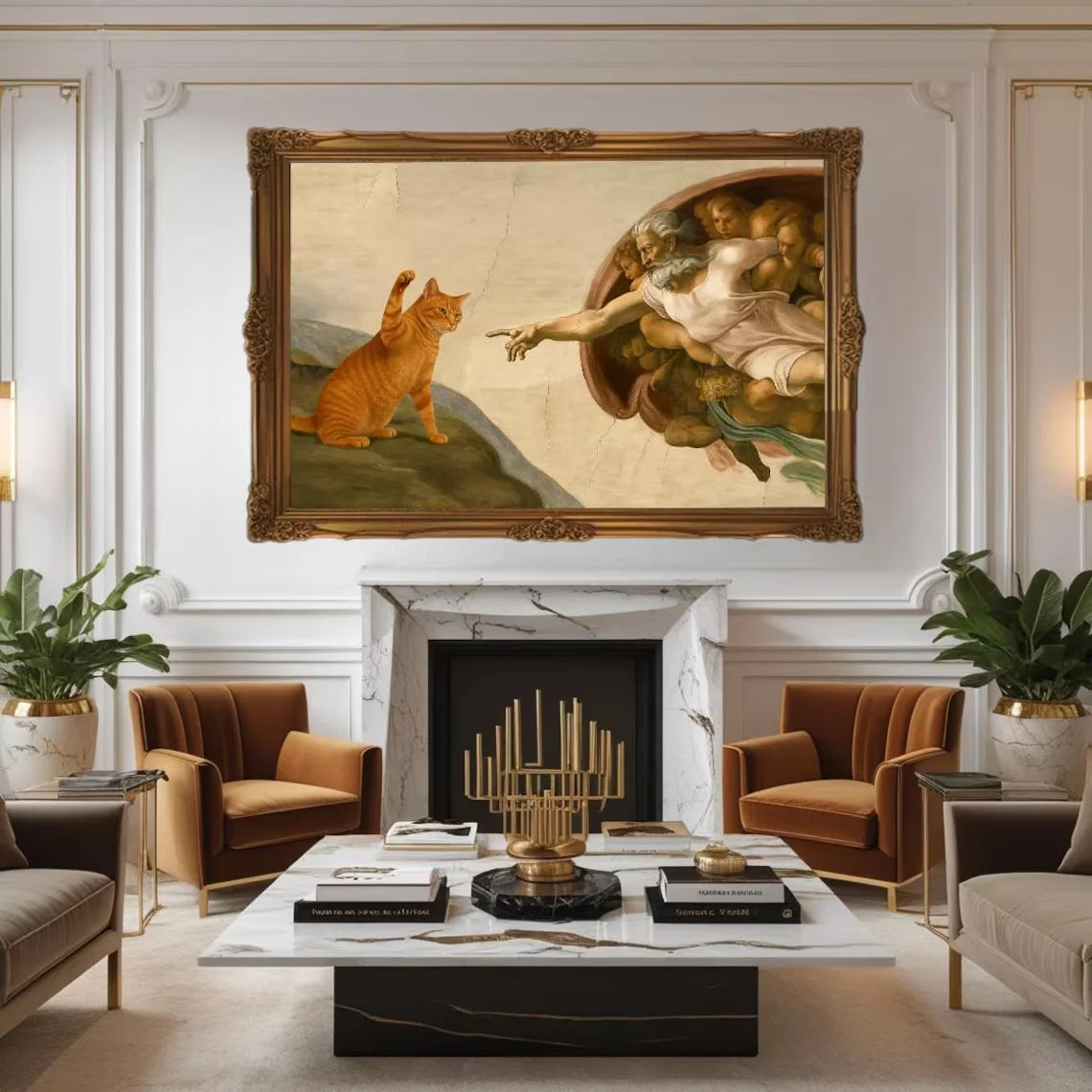 "Whimsical 'Creation of Adam' with Orange Cat Wall Print Decor - Classic Art Parody Poster for Eclectic Living Room, Quirky Peaceful Pleasures Health and Wellness