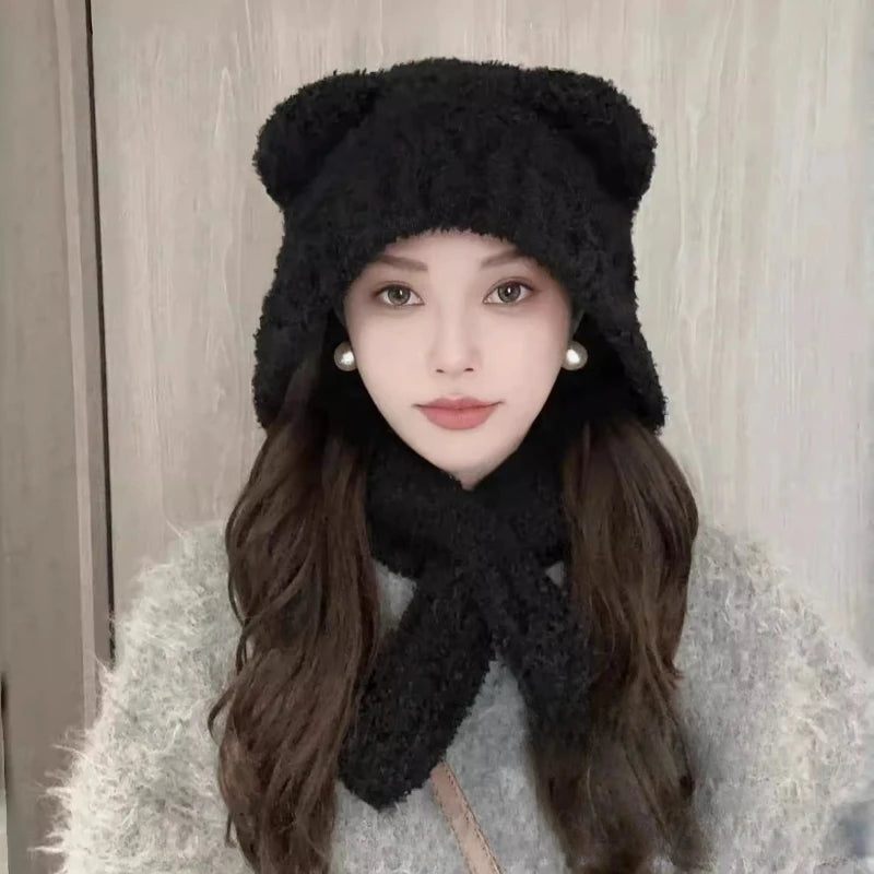 Bear Ear Knitted Hat & Scarf Set | Warm Winter 2-Piece Women