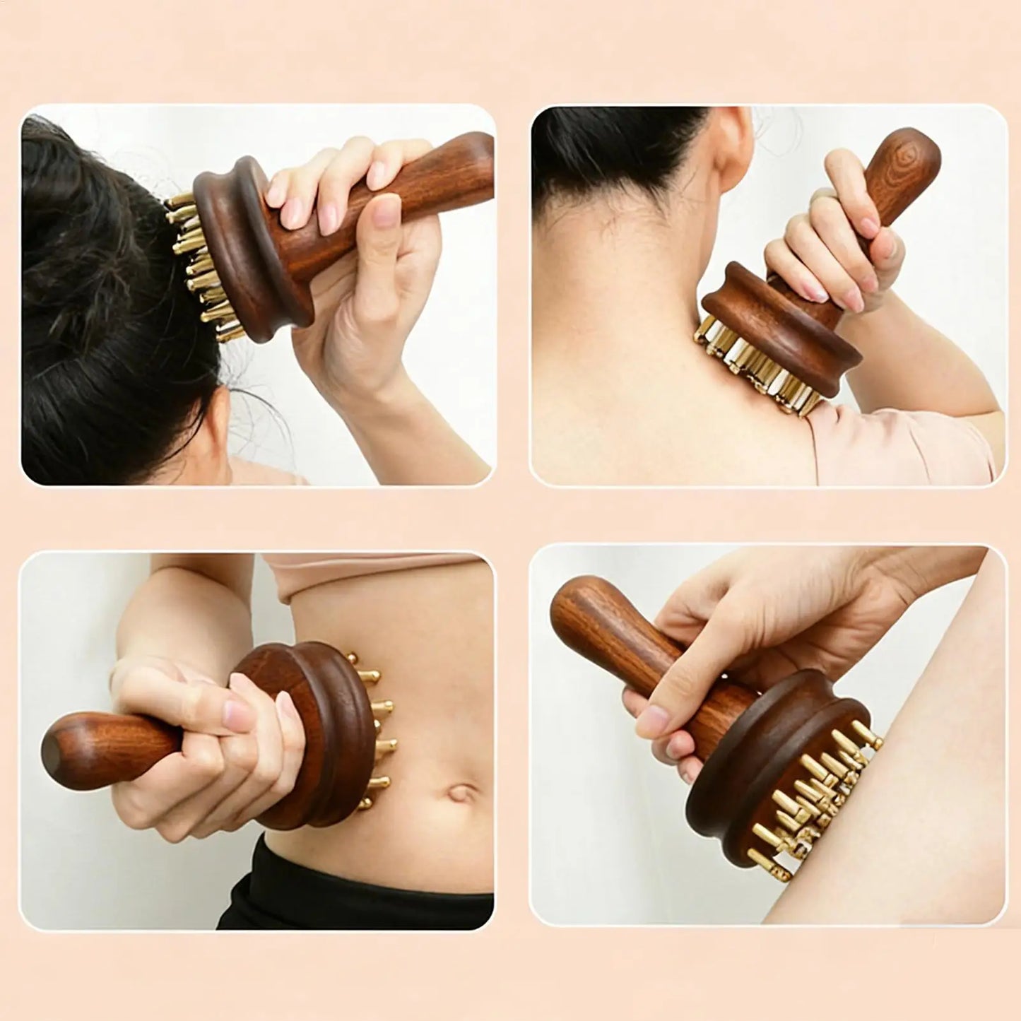 Brass Teeth Gua Sha Scalp & Body Massage Brush – Wood Handle