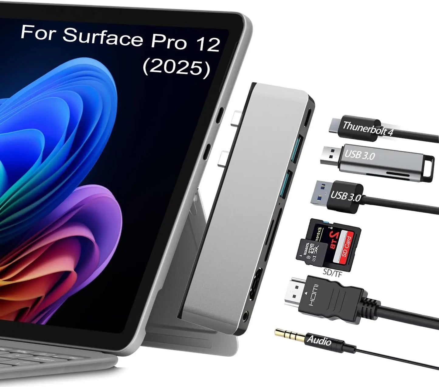 Laptop with external dock and connectivity cables on a white background