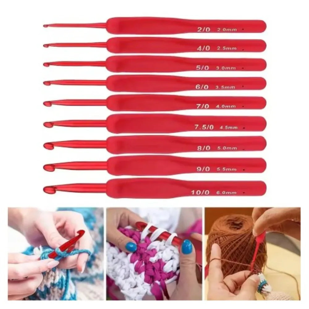 9pcs Red Crochet Hook Silicone Handle Aluminum Hand Knitting Needles Crocheting Weave Crafts Hooks 2/2.5/3/3.5/4/4.5/5/5.5/6mm Peaceful Pleasures Health and Wellness